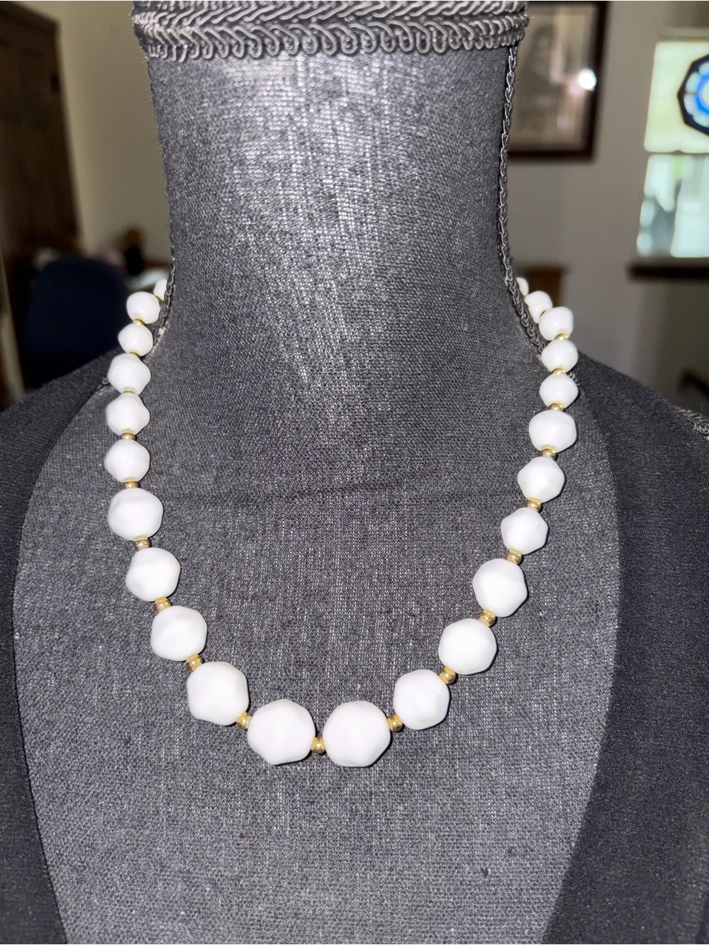 Elegant White Bead Necklace with Gold Accents - Women Jewelry 9 inches